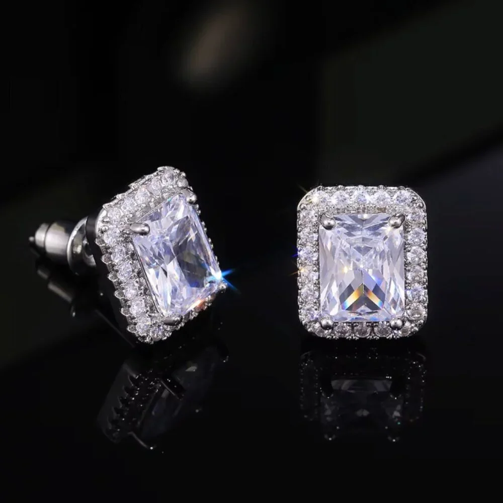 925 Sterling Silver Diamond Emerald Cut Stud Earrings